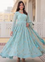 Faux Georgette Sky Blue Traditional Wear Embroidery Work Readymade Gown